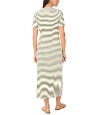 Vince Camuto Knit Striped Crew Neck Short Sleeve Ruched Midi Shirt Dress