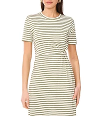 Vince Camuto Knit Striped Crew Neck Short Sleeve Ruched Midi Shirt Dress