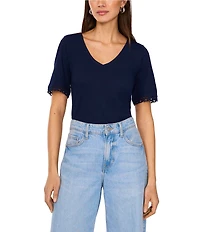 Vince Camuto Knit V-Neck Short Sleeve Trim Tee