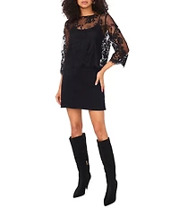 Vince Camuto Lace Round Neck 3/4 Sleeve Scalloped Hem Top