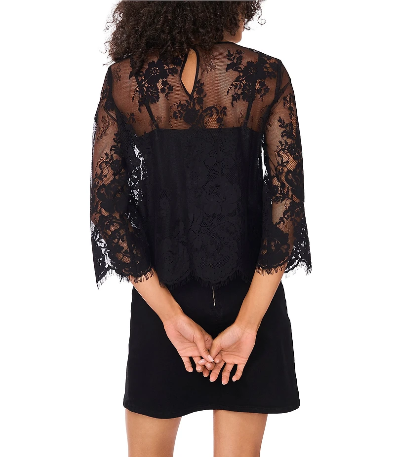 Vince Camuto Lace Round Neck 3/4 Sleeve Scalloped Hem Top