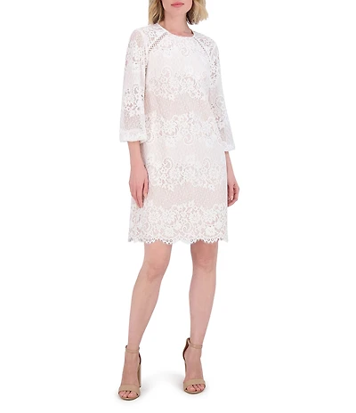 Vince Camuto Lace Round Neck Long Sleeve Scalloped Shift Dress