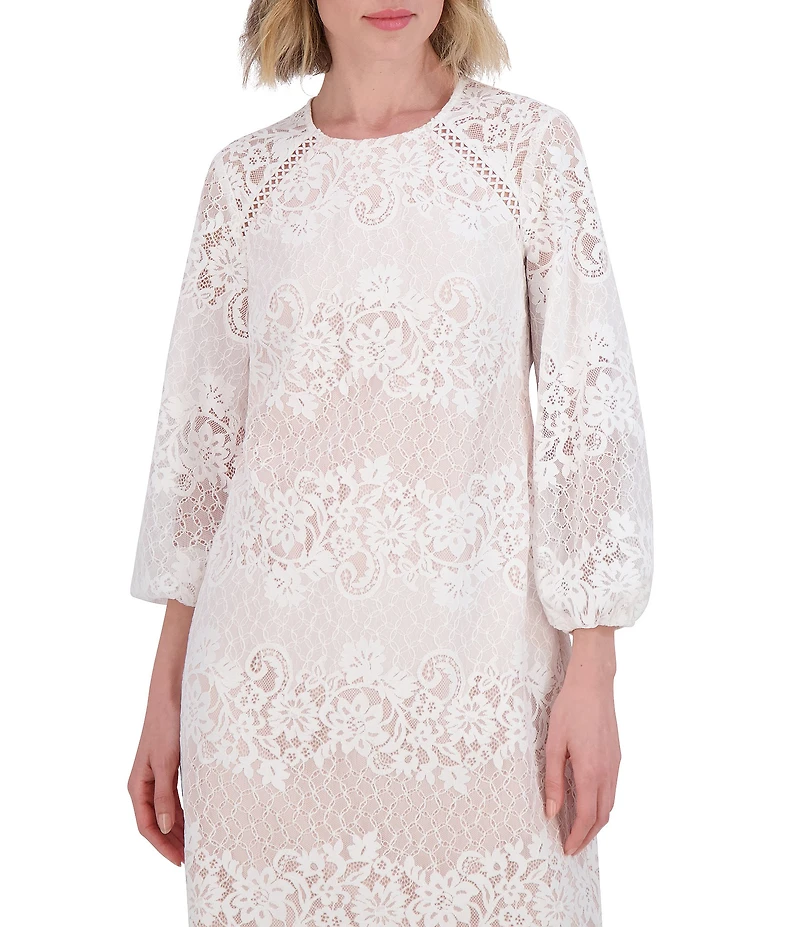 Vince Camuto Lace Round Neck Long Sleeve Scalloped Shift Dress