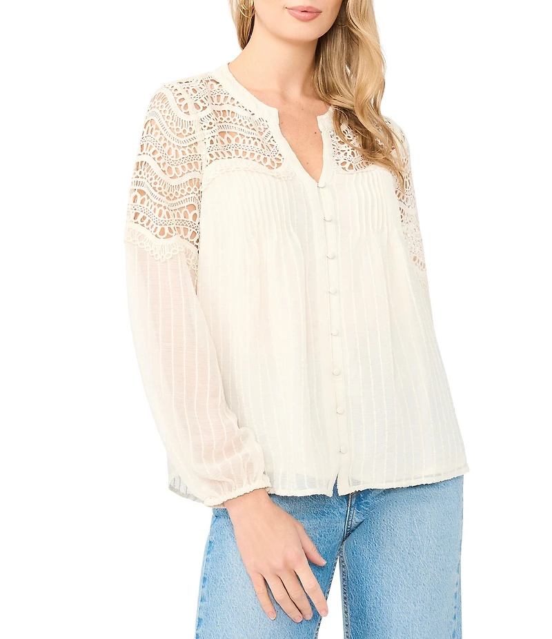 Vince Camuto Lace Split V-Neck Long Sleeve Blouse