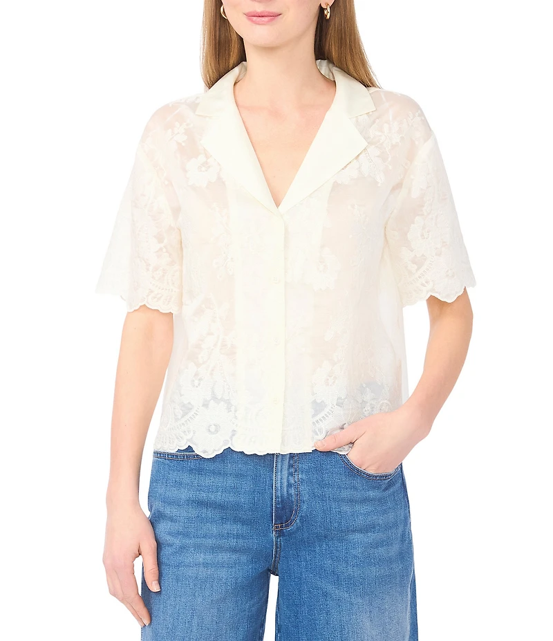 Vince Camuto Lace V-Neck Collar Short Sleeve Button Up Blouse