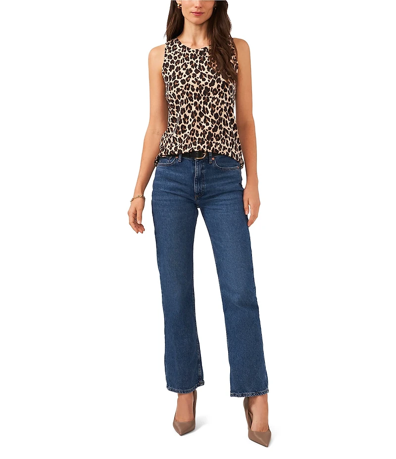 Vince Camuto Leopard Knit Crew Neck Sleeveless Back Keyhole Split Hem Blouse