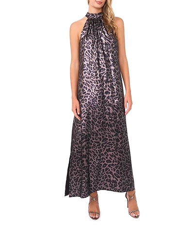 Vince Camuto Leopard Print Halter Neck Sleeveless Maxi Shift Dress
