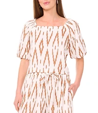 Vince Camuto Linen Blend Printed Square Neckline Short Raglan Sleeve Coordinating Blouse