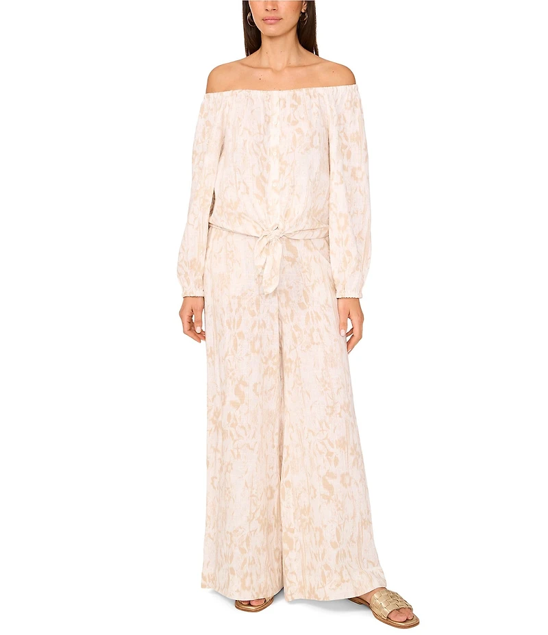 Vince Camuto Linen Printed Wide-Leg Pull On Pants