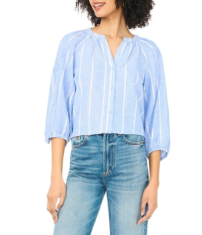 Vince Camuto Linen Striped Split V-Neck Raglan Sleeve Button Down Blouse
