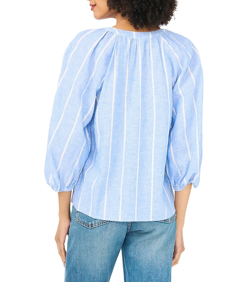 Vince Camuto Linen Striped Split V-Neck Raglan Sleeve Button Down Blouse
