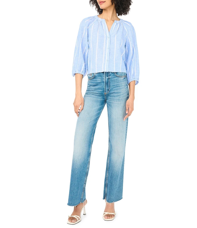 Vince Camuto Linen Striped Split V-Neck Raglan Sleeve Button Down Blouse