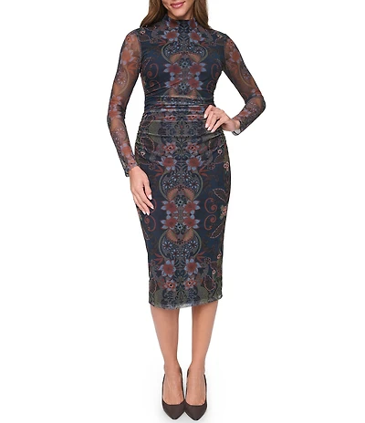 Vince Camuto Long Sheer Sleeve Mock Neck Midi Dress