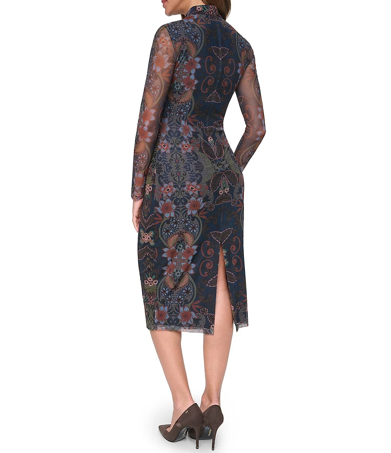 Vince Camuto Long Sheer Sleeve Mock Neck Midi Dress