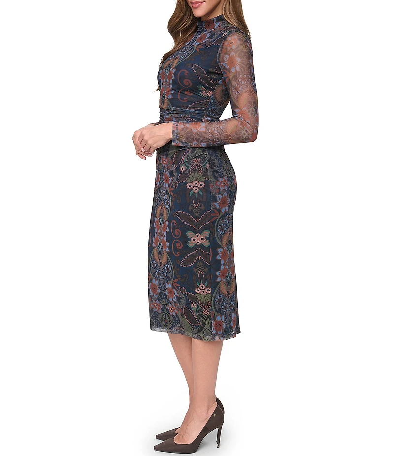 Vince Camuto Long Sheer Sleeve Mock Neck Midi Dress