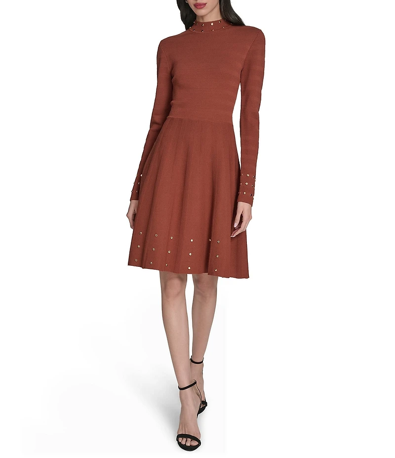 Vince Camuto Long Sleeve Mock Neck Studded Fit And Flare Dress