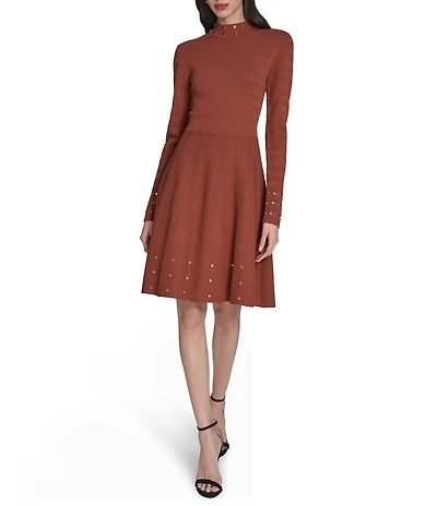 Vince Camuto Long Sleeve Mock Neck Studded Fit And Flare Dress
