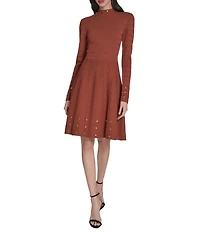 Vince Camuto Long Sleeve Mock Neck Studded Fit And Flare Dress