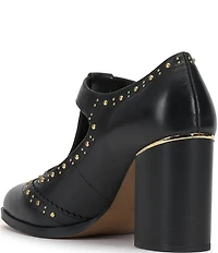 Vince Camuto Maris Studded Leather T-Strap Wing Tip Block Heel Pumps