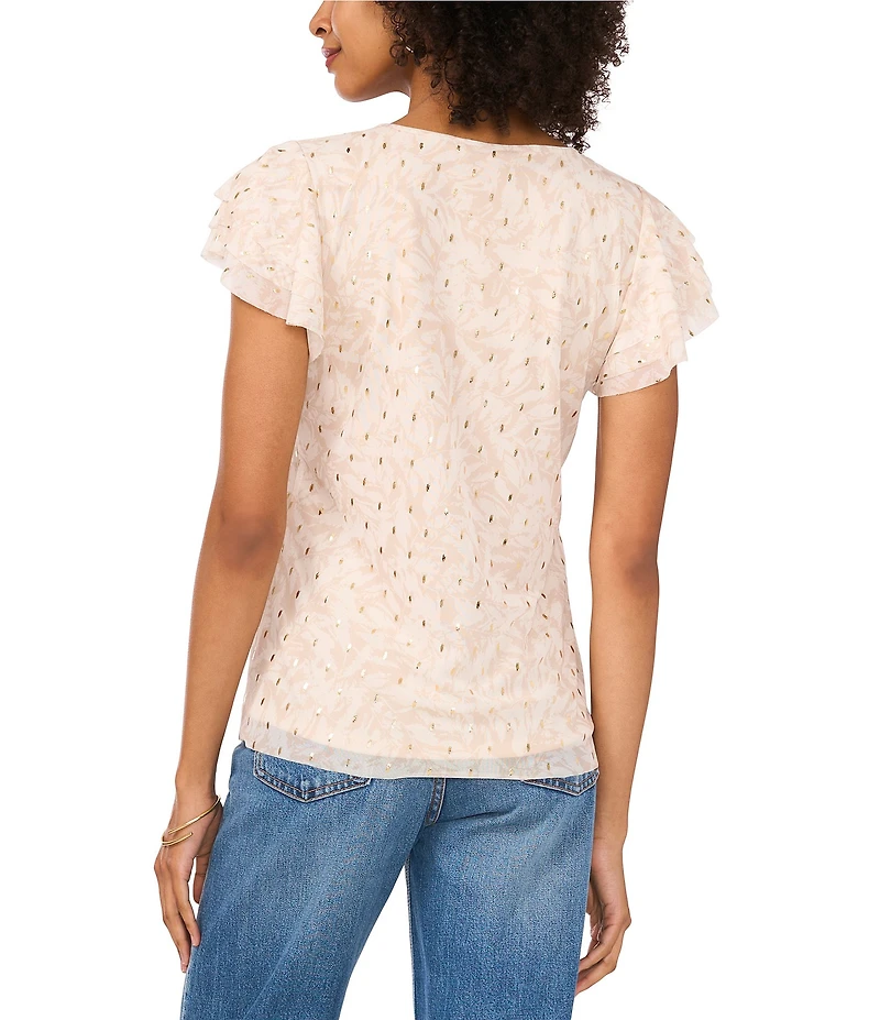 Vince Camuto Metallic Mesh Knit Round Neck Ruffle Short Sleeve Blouse