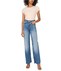 Vince Camuto Metallic Mesh Knit Round Neck Ruffle Short Sleeve Blouse