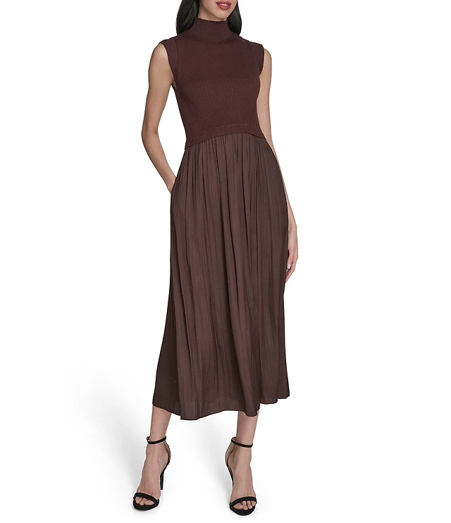 Vince Camuto Mixed Media Sweater Bodice Mock Neck Sleeveless Satin Drop  Waist Trapeze Flounce Midi Dress at Hamilton Place in Chattanooga, TN
