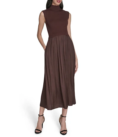 Vince Camuto Mixed Media Sweater Bodice Mock Neck Sleeveless Satin Drop Waist Trapeze Flounce Midi Dress