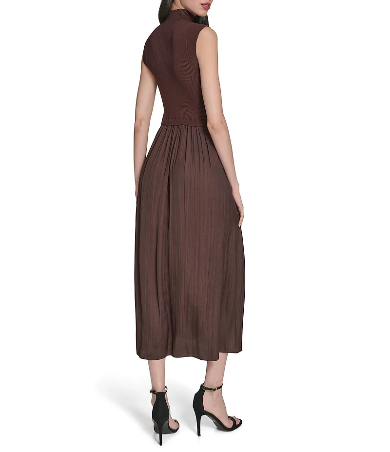 Vince Camuto Mixed Media Sweater Bodice Mock Neck Sleeveless Satin Drop Waist Trapeze Flounce Midi Dress