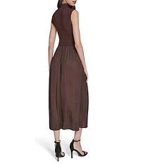 Vince Camuto Mixed Media Sweater Bodice Mock Neck Sleeveless Satin Drop Waist Trapeze Flounce Midi Dress