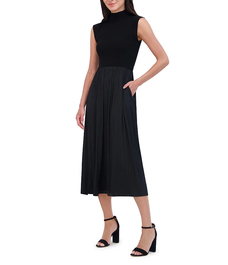 Vince Camuto Mixed Media Sweater Bodice Mock Neck Sleeveless Satin Drop Waist Trapeze Flounce Midi Dress