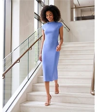 Vince Camuto Mock Neck Cap Sleeve Ribbed Knit Midi Sheath Dress