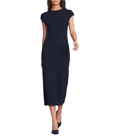 Vince Camuto Mock Neck Cap Sleeve Ribbed Knit Midi Sheath Dress