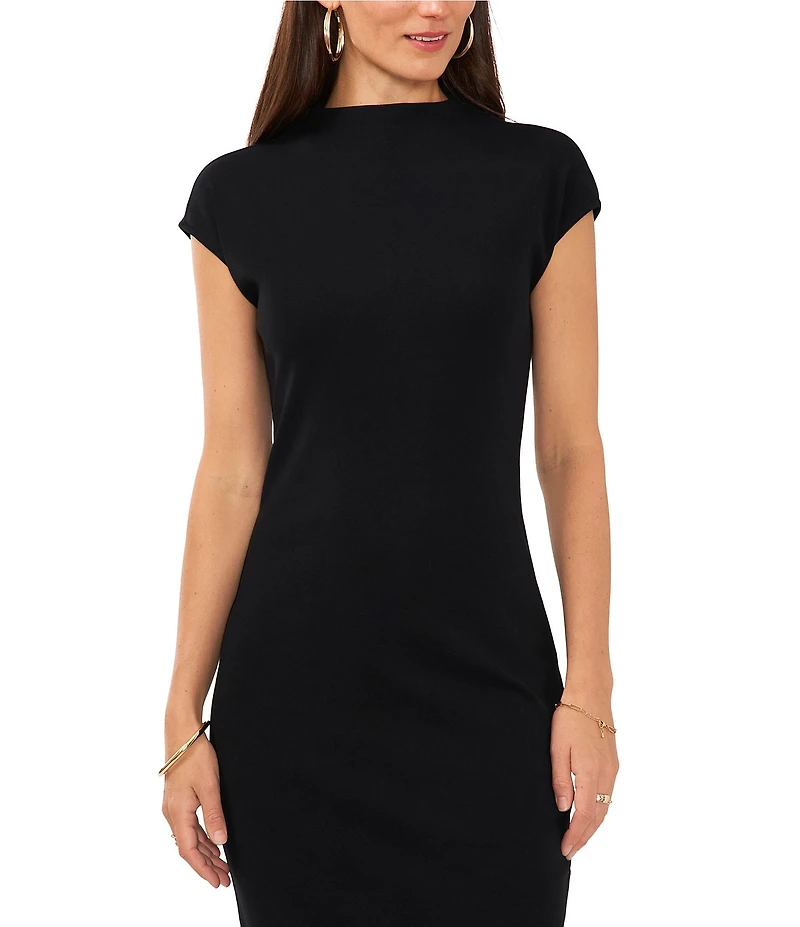 Vince Camuto Mock Neck Cap Sleeve Ribbed Knit Midi Sheath Dress