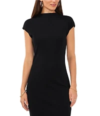 Vince Camuto Mock Neck Cap Sleeve Ribbed Knit Midi Sheath Dress