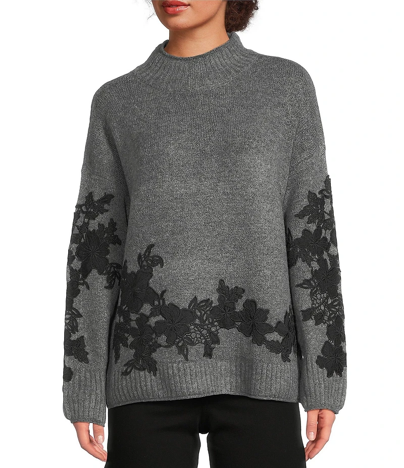 Vince Camuto Mock Neck Long Sleeve Floral Applique Sweater