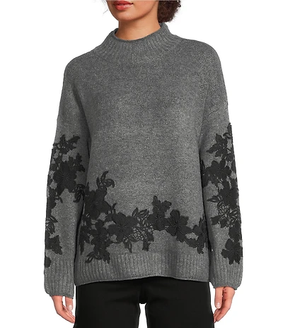 Vince Camuto Mock Neck Long Sleeve Floral Applique Sweater