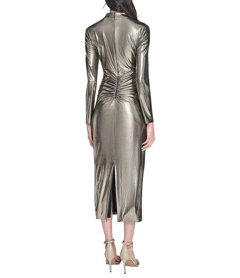 Vince Camuto Metallic Mock Neck Long Sleeve Ruched Midi Sheath Dress