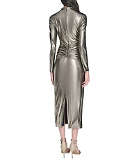 Vince Camuto Metallic Mock Neck Long Sleeve Ruched Midi Sheath Dress
