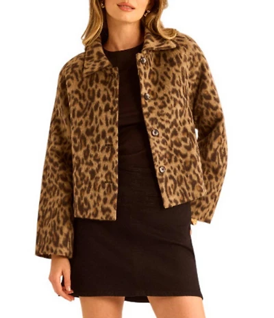 Vince Camuto Mohair Leopard Print Point Collar Long Sleeve Button Front Jacket