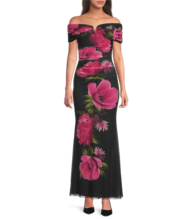 Vince Camuto Off The Shoulder Mesh Floral Sheath Gown