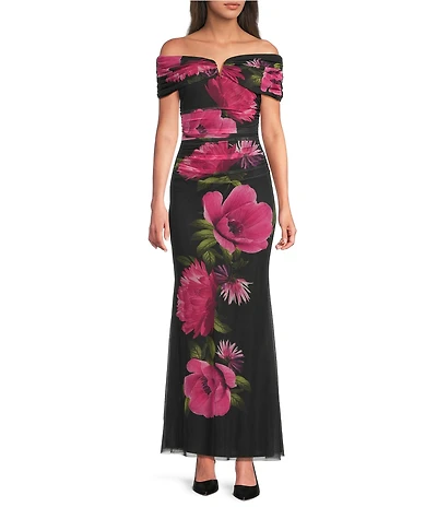 Vince Camuto Off The Shoulder Mesh Floral Sheath Gown
