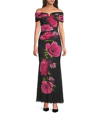 Vince Camuto Off The Shoulder Mesh Floral Sheath Gown