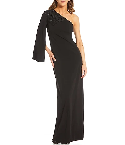 Vince Camuto One Shoulder Long Sleeve Floral Embellishment Maxi Gown