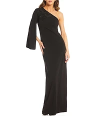 Vince Camuto One Shoulder Long Sleeve Floral Embellishment Maxi Gown