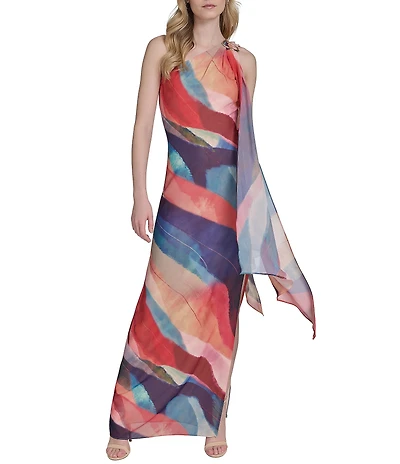 Vince Camuto One Shoulder Striped Sheath Maxi Dress