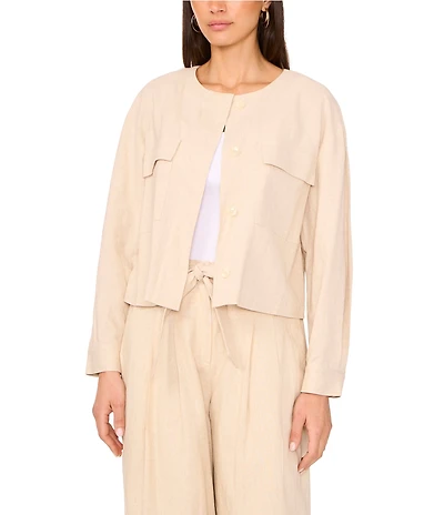Vince Camuto Open Neck Long Sleeve Double Pocket Button Front Cropped Jacket