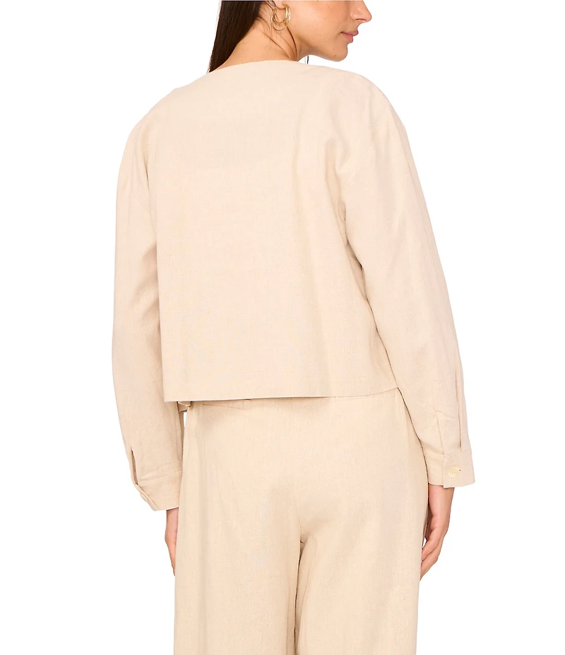 Vince Camuto Open Neck Long Sleeve Double Pocket Button Front Cropped Jacket