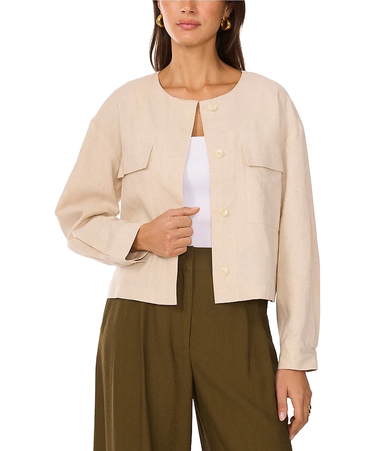 Vince Camuto Open Neck Long Sleeve Double Pocket Button Front Cropped Jacket