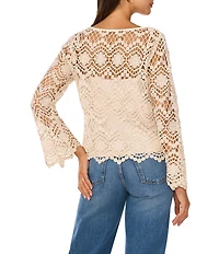 Vince Camuto Open Weave Floral Lace Boat Neck Long Sleeve Blouse