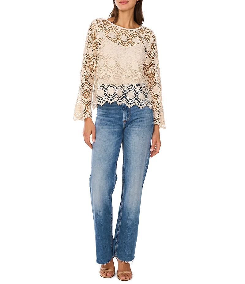 Vince Camuto Open Weave Floral Lace Boat Neck Long Sleeve Blouse